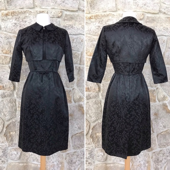Vintage 50s Black Floral Brocade Dress Set with Kitten Bow Waist Audrey Hepburn - Picture 4 of 16